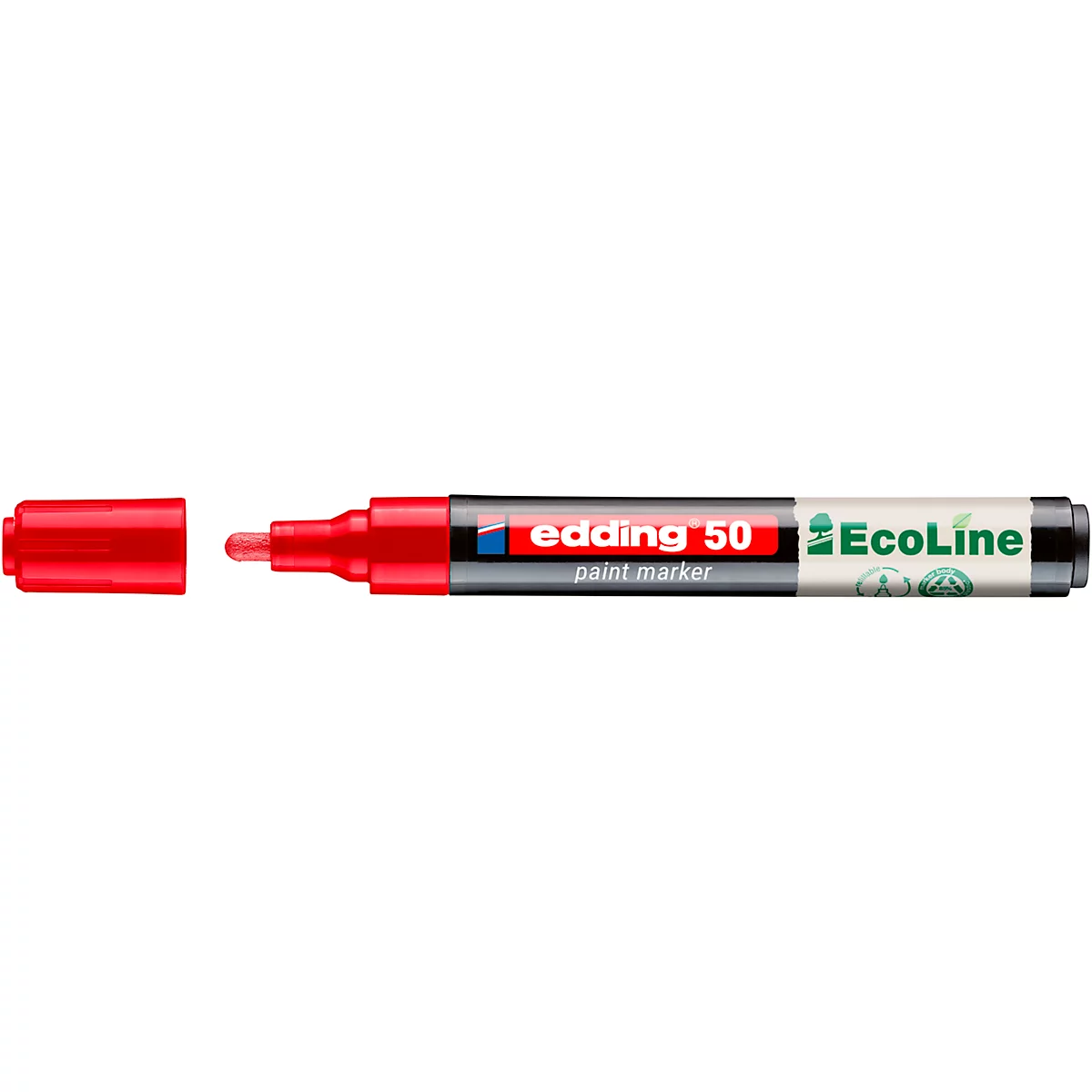 Un marqueur de peinture Edding 50 rouge avec le capuchon ouvert. Texte : edding 50, EcoLine.