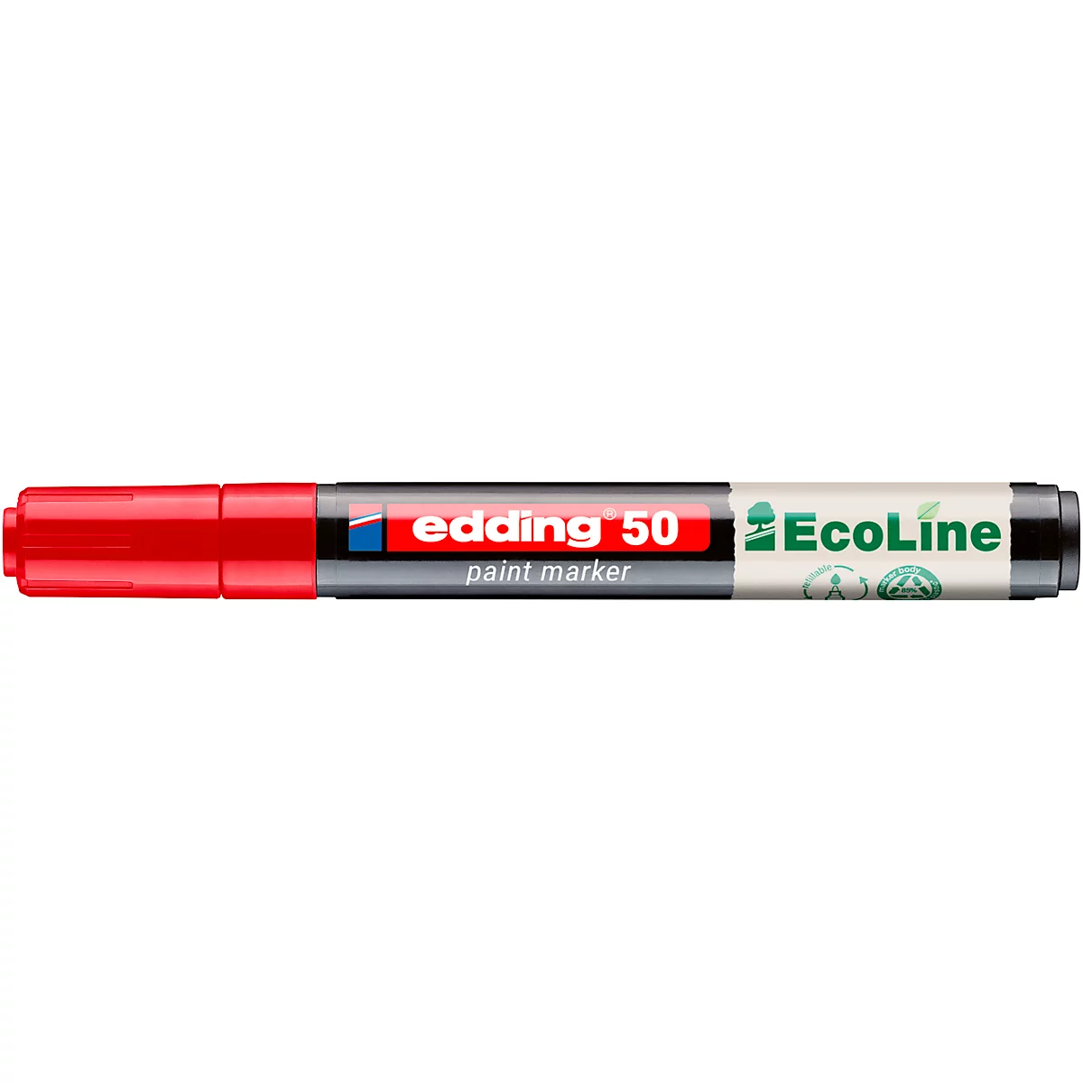 Un marqueur de peinture Edding 50 rouge est posé horizontalement. Le nom de la marque et les descriptions du produit sont sur le marqueur.