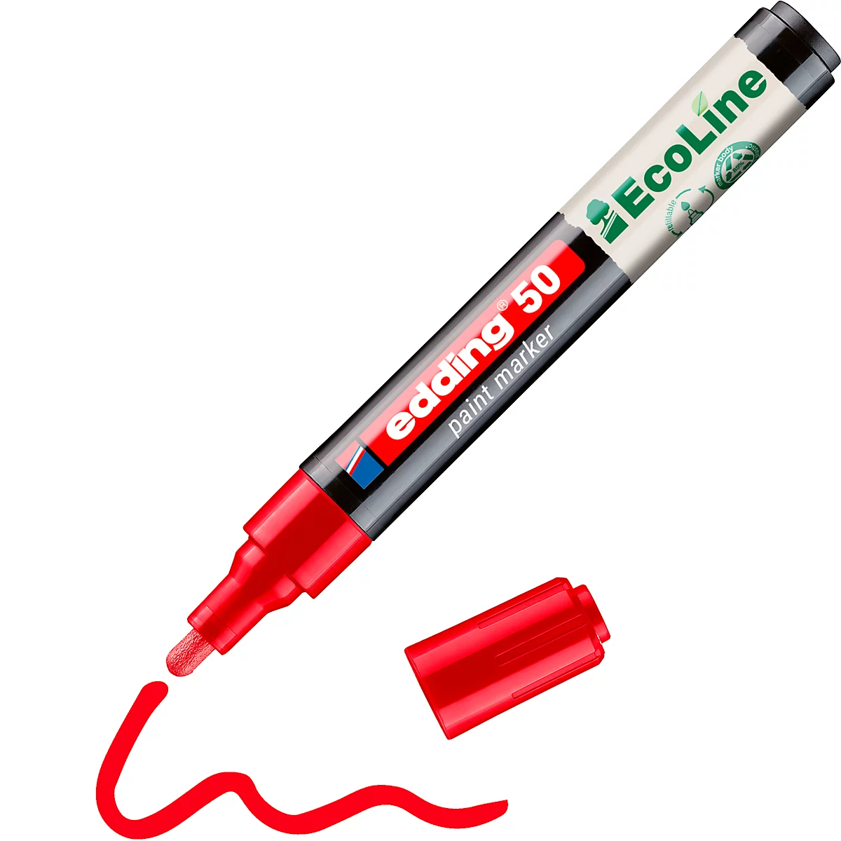 Marqueur Edding rouge avec bouchon ouvert et ligne peinte.