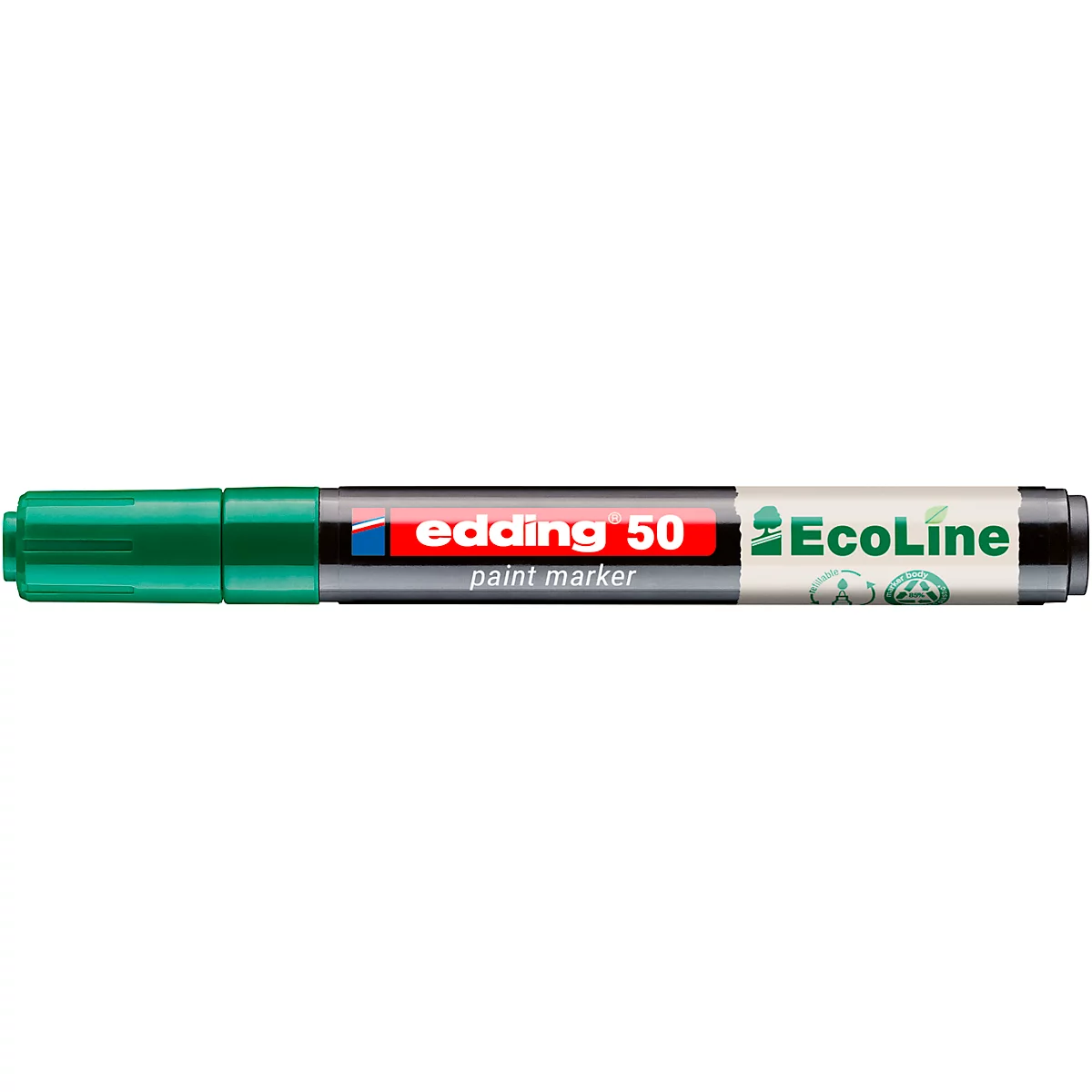 Un marqueur de peinture vert Edding 50 Ecoline. Le logo indique "edding 50 paint marker" et "Ecoline".