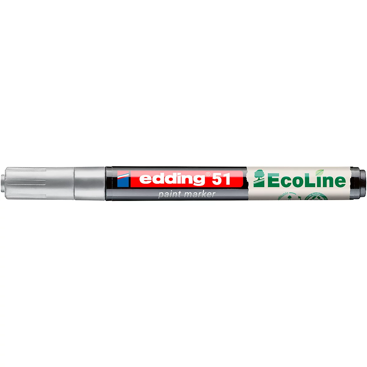 Marqueur Edding gris avec lettrage rouge, bleu et vert. Inscription : Edding 51 Ecoline.