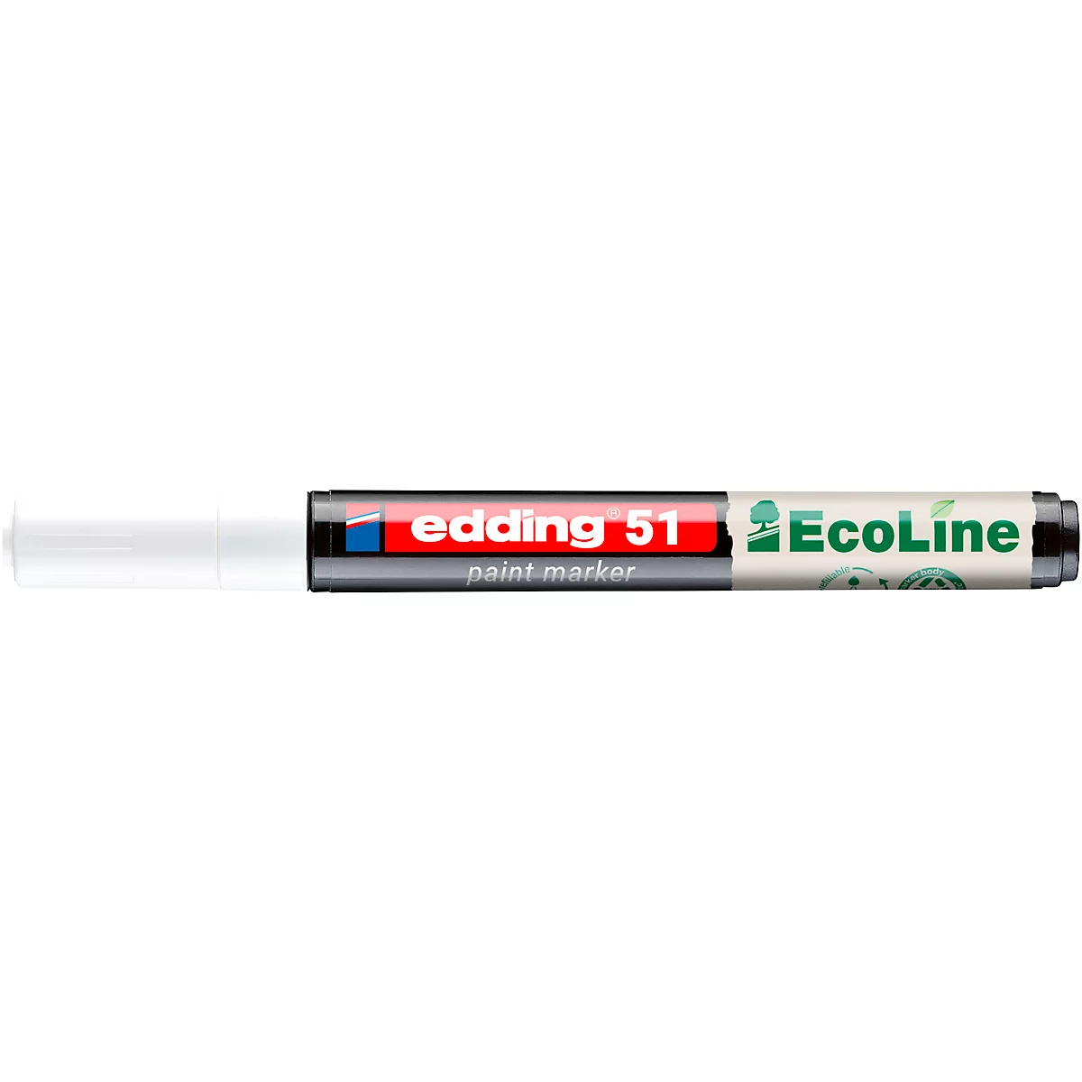 Un marqueur Edding 51 Ecoline blanc. Le stylo a des éléments rouges, bleus et verts.