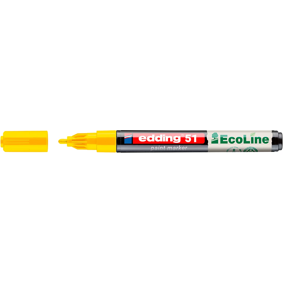 Marqueur permanent jaune Edding 51 Ecoline avec capuchon ouvert.