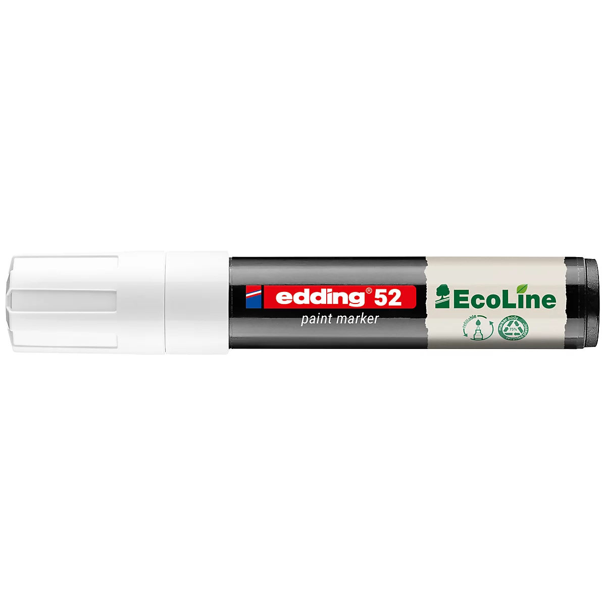 Marqueur Edding blanc, avec une partie centrale noire et le texte: Edding 52 paint marker. Ecoline. Symbole d'arbre vert.