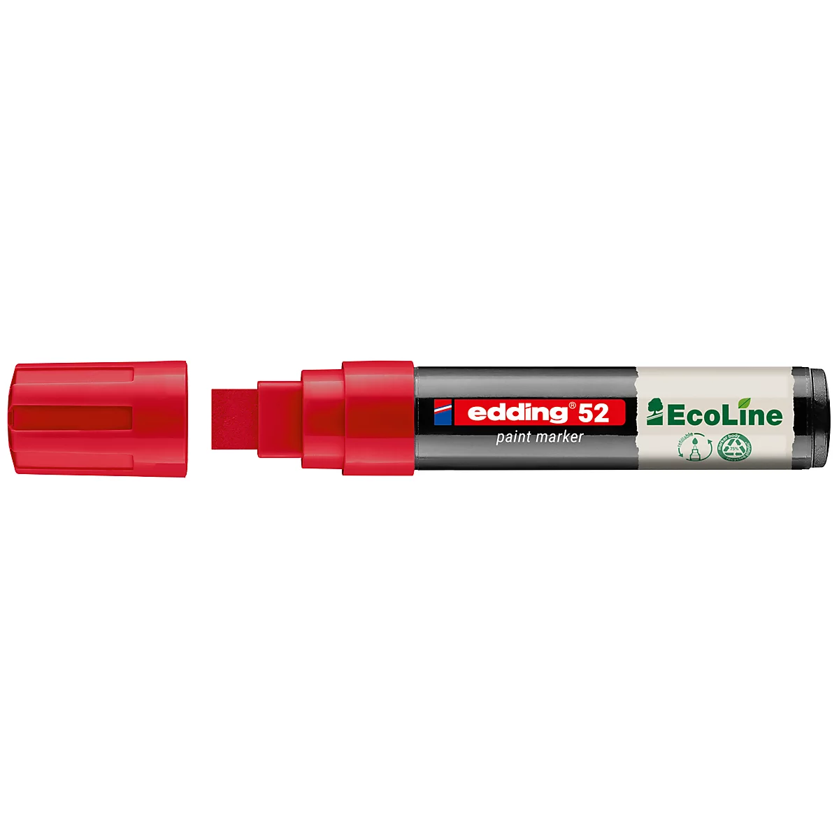 Marqueur Edding rouge, capuchon à côté. Inscription : Edding 52, Ecoline, Paint Marker.