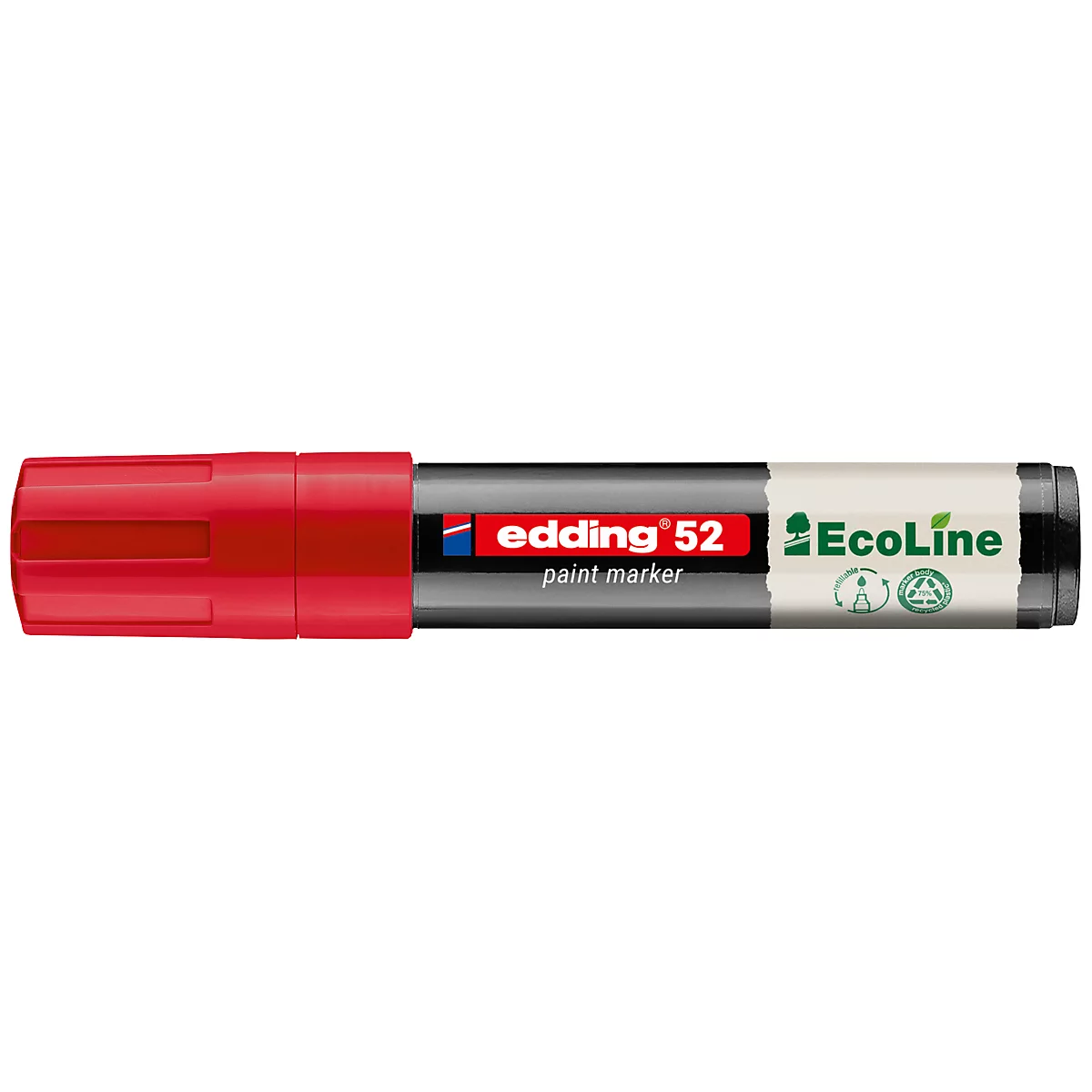 Un marqueur de peinture rouge Edding 52 Ecoline. Le logo du fabricant est visible sur le stylo.