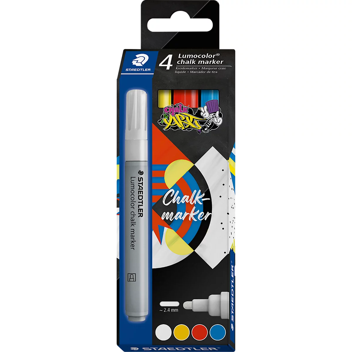 Emballage du produit Staedtler Lumocolor Chalk Marker. Inscription : 4 marqueurs à craie, ainsi que la sélection de couleurs.