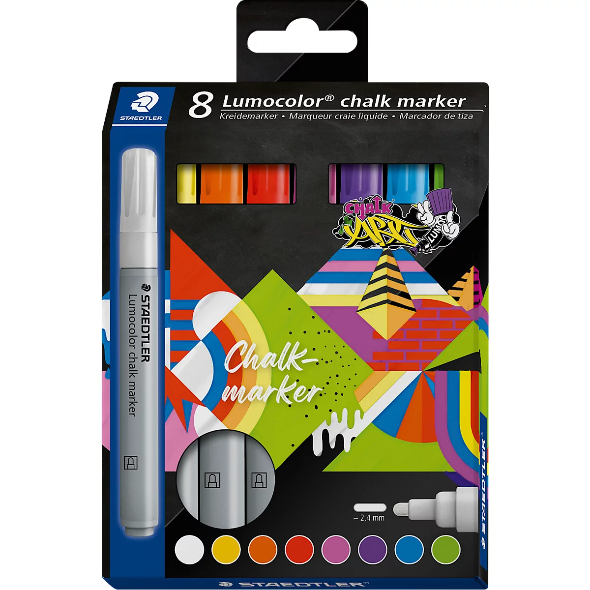 Un paquet de 8 marqueurs de craie Lumocolor. L'emballage indique "Chalk marker". Couleurs : jaune, orange, rouge, rose, violet et vert. Un stylo gris est représenté sur l'emballage.