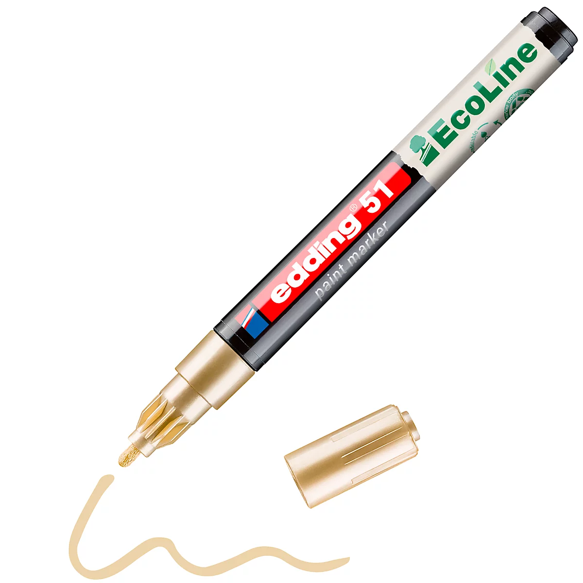 Marqueur Edding doré et bouchon sur fond blanc, à côté une trace dorée.