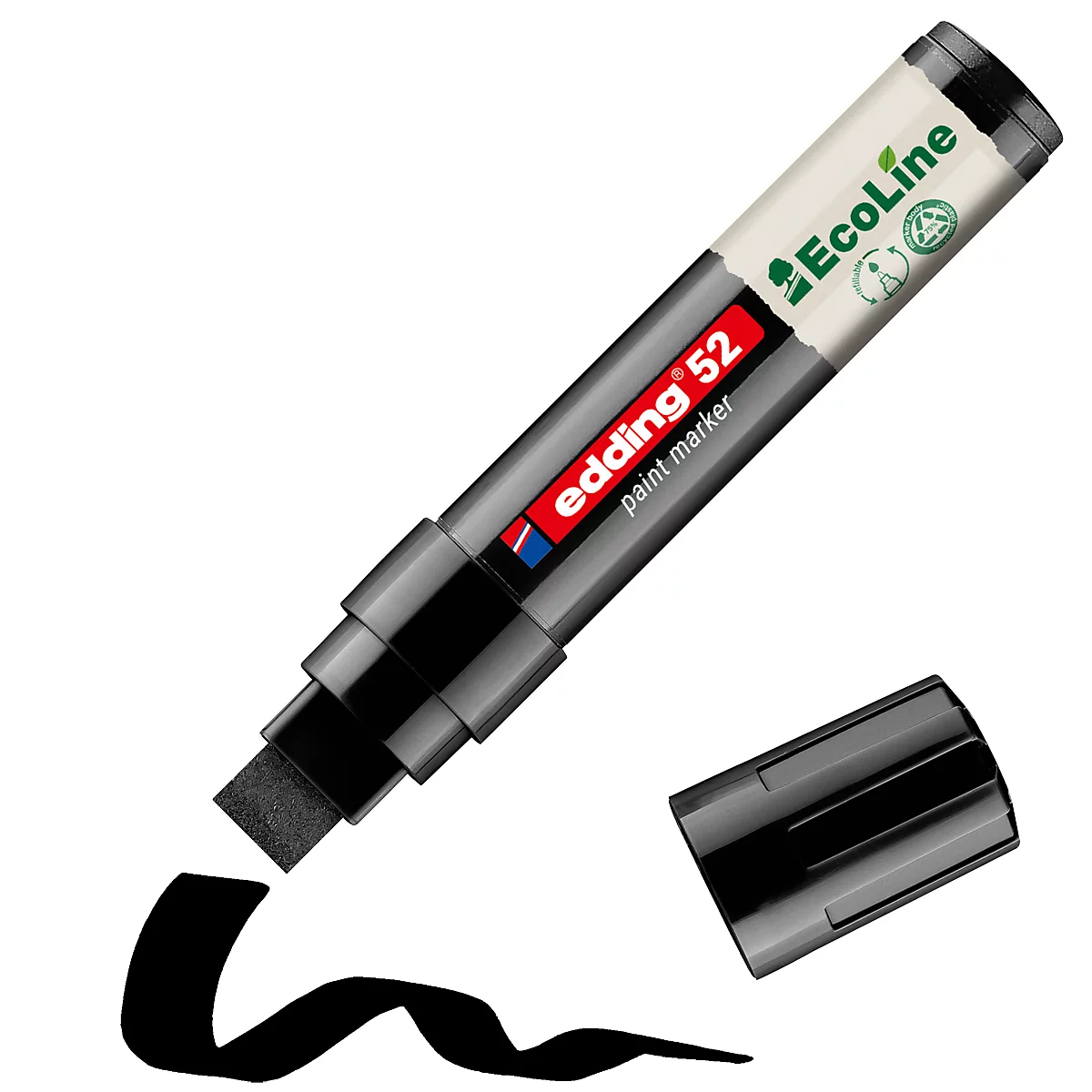 Marqueur de peinture Edding 52 noir avec bouchon ouvert et trait de peinture.