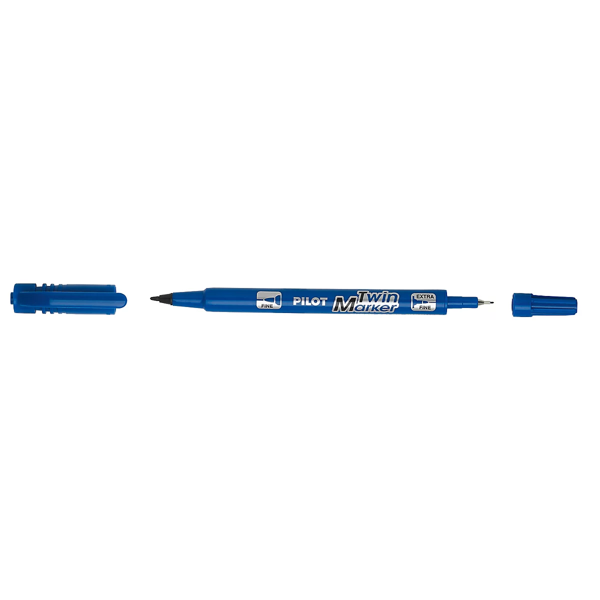 Stylo marqueur bleu Pilot Twin Marker avec deux pointes et capuchons retirés sur fond blanc.