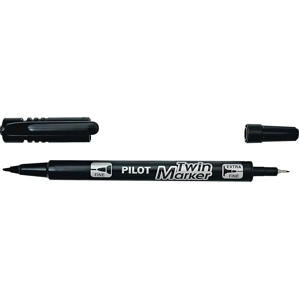 Marqueur noir Pilot Twin Marker avec capuchons retirés, montrant une pointe fine et une extra fine.
