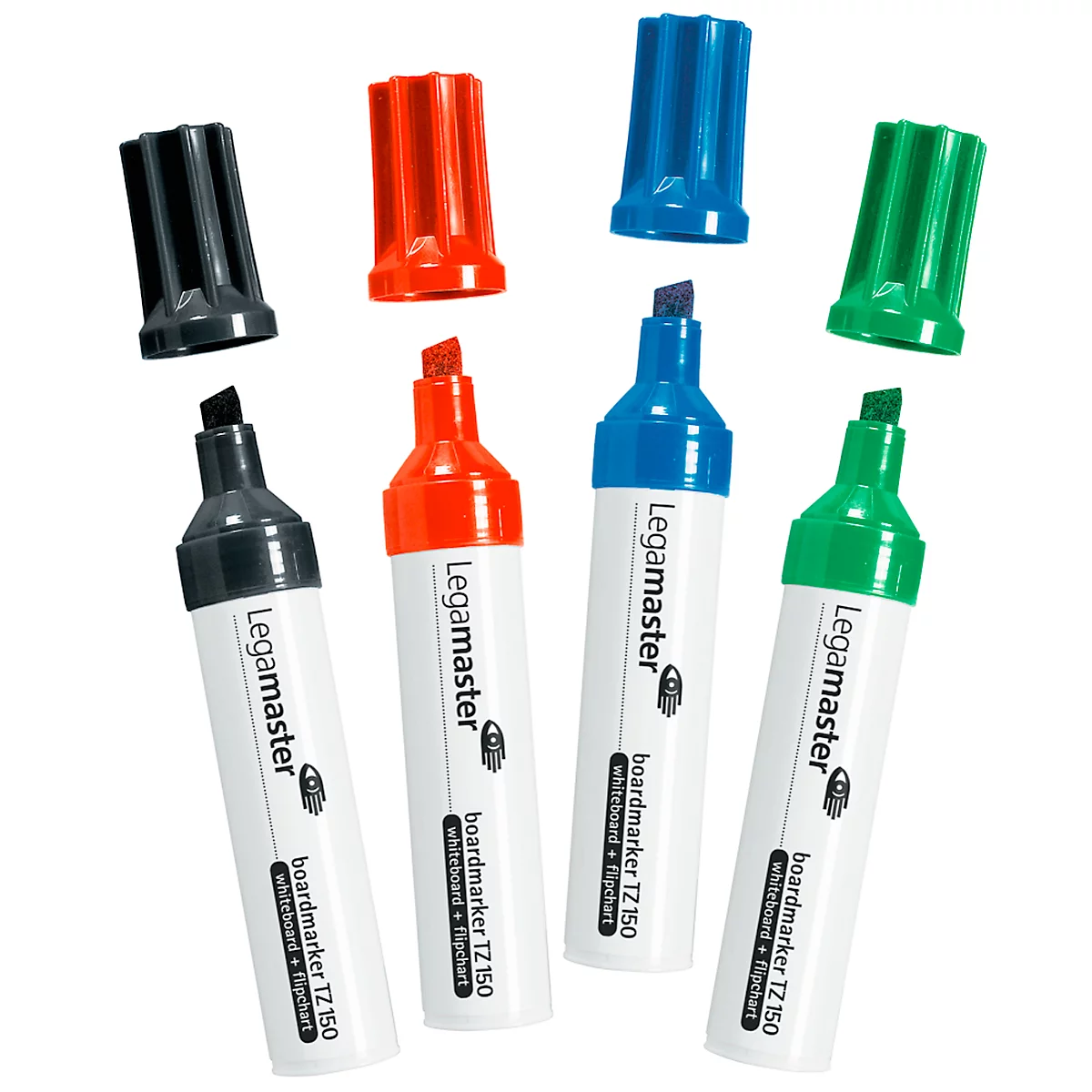 Quatre marqueurs pour tableau blanc colorés avec leurs bouchons enlevés. Chaque marqueur porte les mots 'Legamaster' et 'boardmarker TZ 150'.
