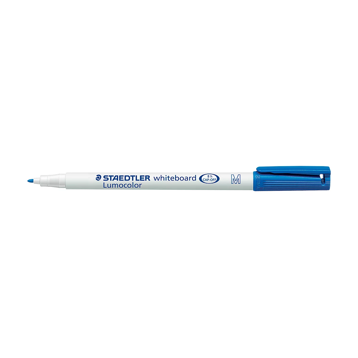 Un marqueur de tableau blanc STAEDTLER Lumocolor blanc avec une pointe et un capuchon bleus.