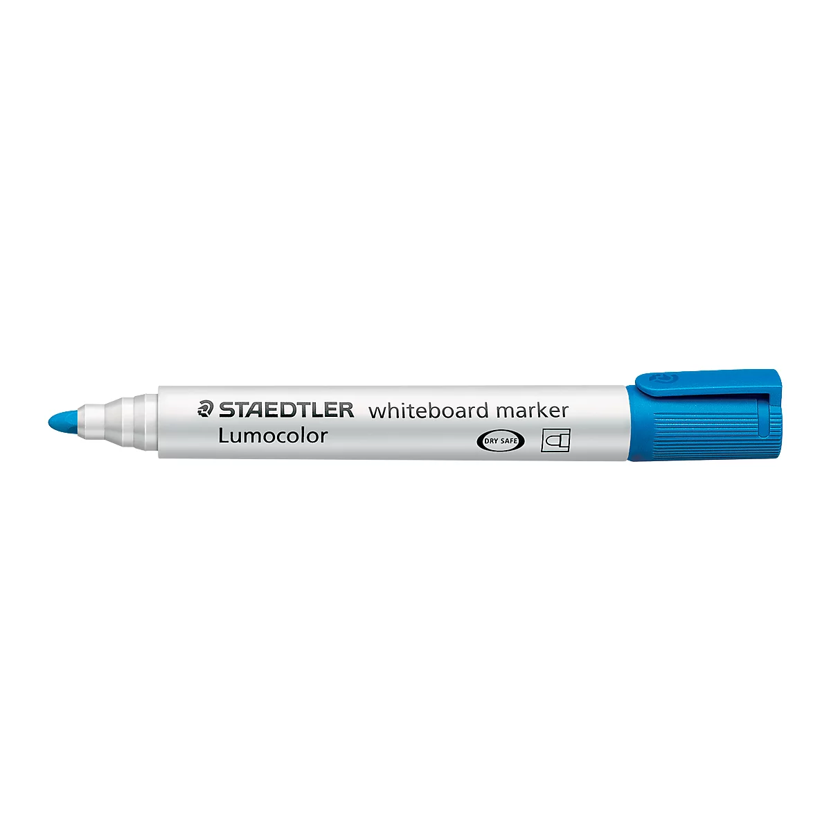 Un marqueur effaçable à sec STAEDTLER blanc avec une extrémité d'encre et un capuchon bleus. Inscription : STAEDTLER whiteboard marker Lumocolor.