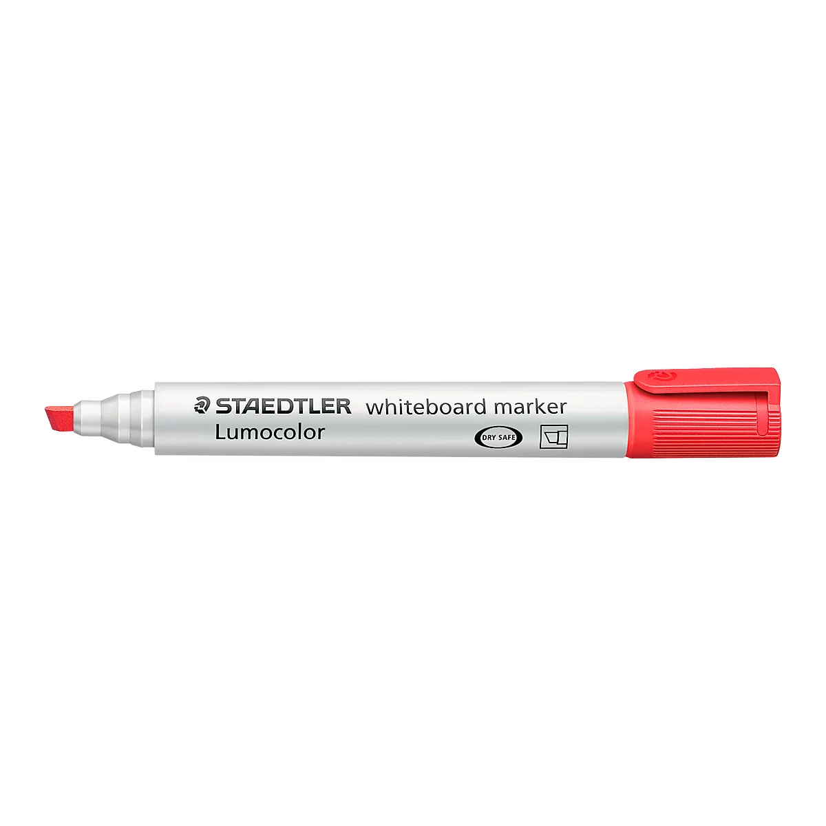 Stylo blanc, bouchon rouge, avec impression : STAEDTLER whiteboard marker Lumocolor.