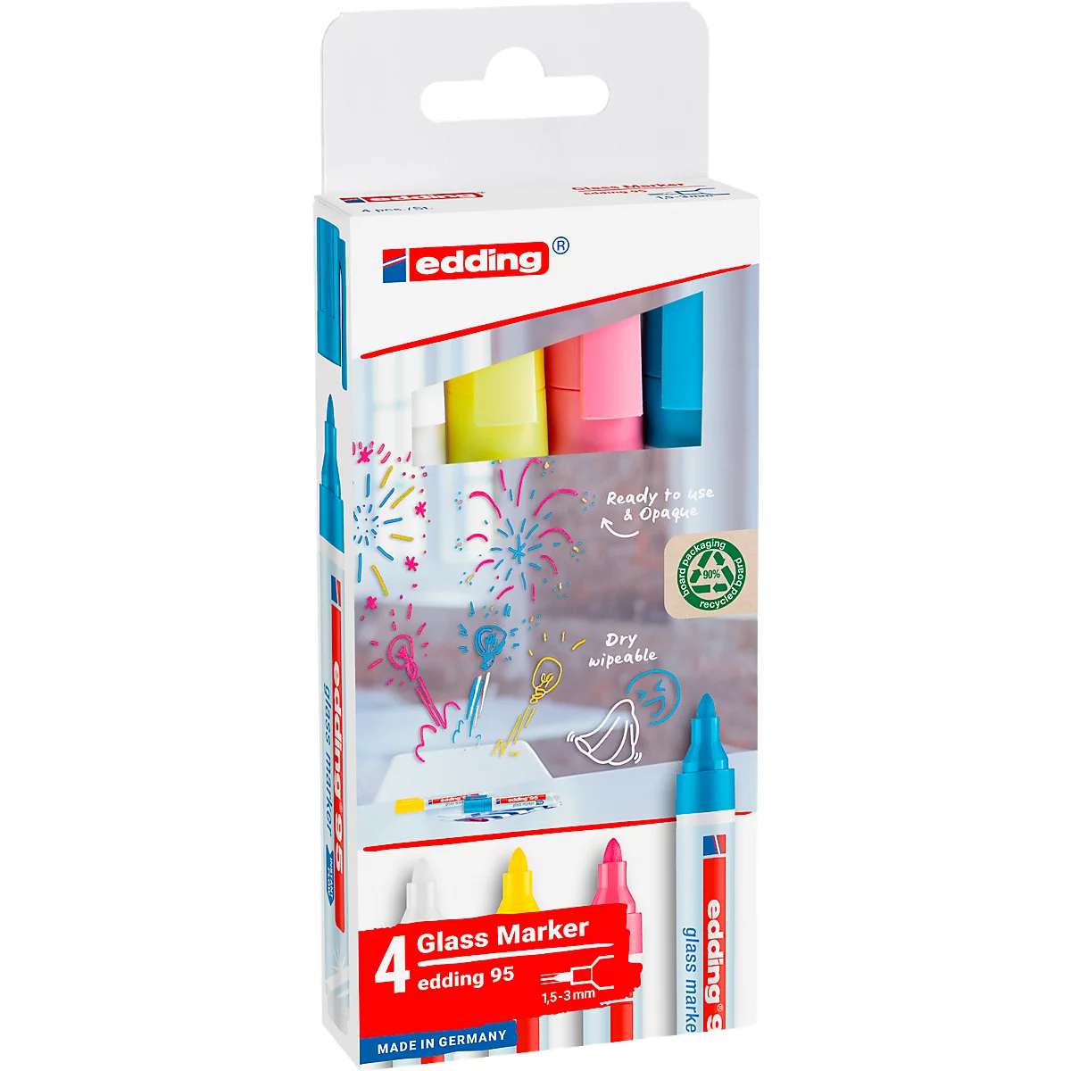 Marqueur pour verre edding 95, pour surfaces en verre &amp; tableaux blancs, largeur de trait 1,5-3 mm, pointe ronde, set de 4, blanc, jaune, rose et bleu clair