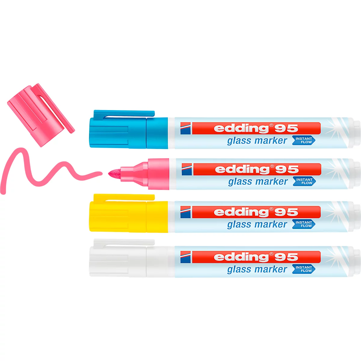 Marqueur pour verre edding 95, pour surfaces en verre &amp; tableaux blancs, largeur de trait 1,5-3 mm, pointe ronde, set de 4, blanc, jaune, rose et bleu clair