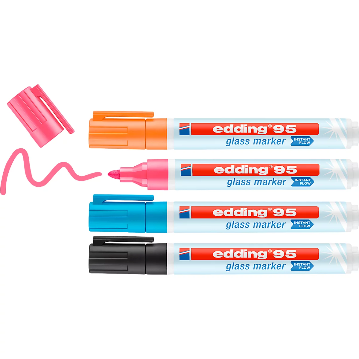 Marqueur pour verre edding 95, pour surfaces en verre &amp; tableaux blancs, largeur de trait 1,5-3 mm, pointe ronde, set de 4, noir, bleu clair, rose et orange 