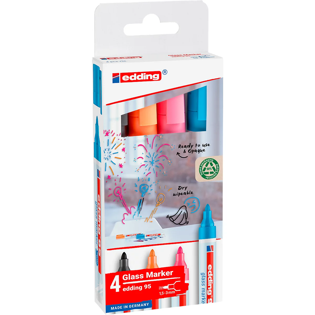 Marqueur pour verre edding 95, pour surfaces en verre &amp; tableaux blancs, largeur de trait 1,5-3 mm, pointe ronde, set de 4, noir, bleu clair, rose et orange 