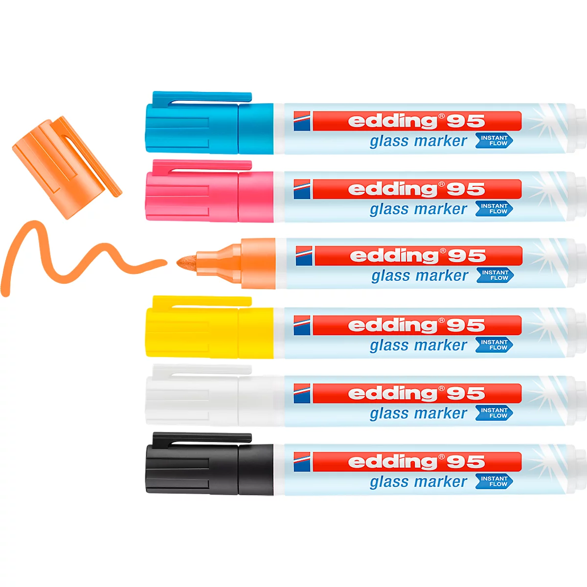 Marqueur pour verre edding 95, pour surfaces en verre &amp; tableaux blancs, largeur de trait 1,5-3 mm, pointe ronde, set de 6, noir, blanc, jaune, orange, rose, bleu clair