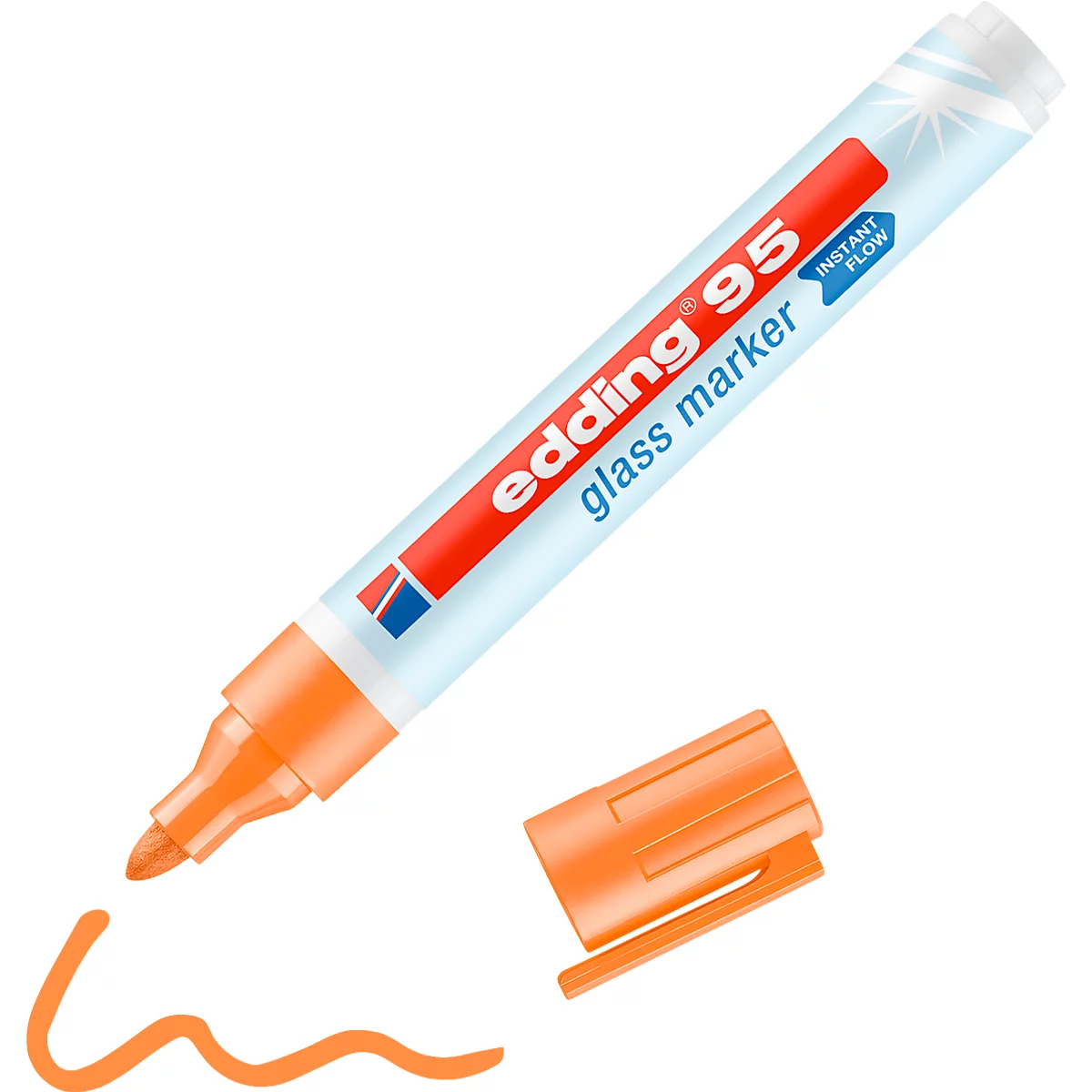Marqueur pour verre edding 95, pour surfaces en verre &amp; tableaux blancs, largeur de trait 1,5-3 mm, pointe ronde, set de 6, noir, blanc, jaune, orange, rose, bleu clair