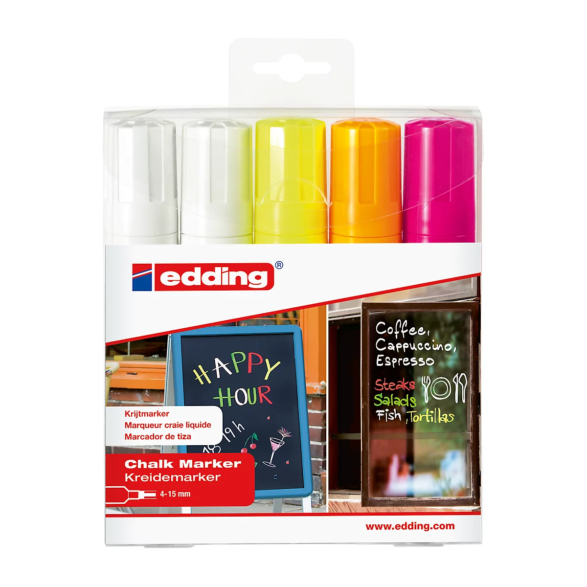 Marqueurs craie 4090 edding 4-15mm, 2 x blanc, 1 x jaune néon, 1 x orange néon, 1 x rose néon