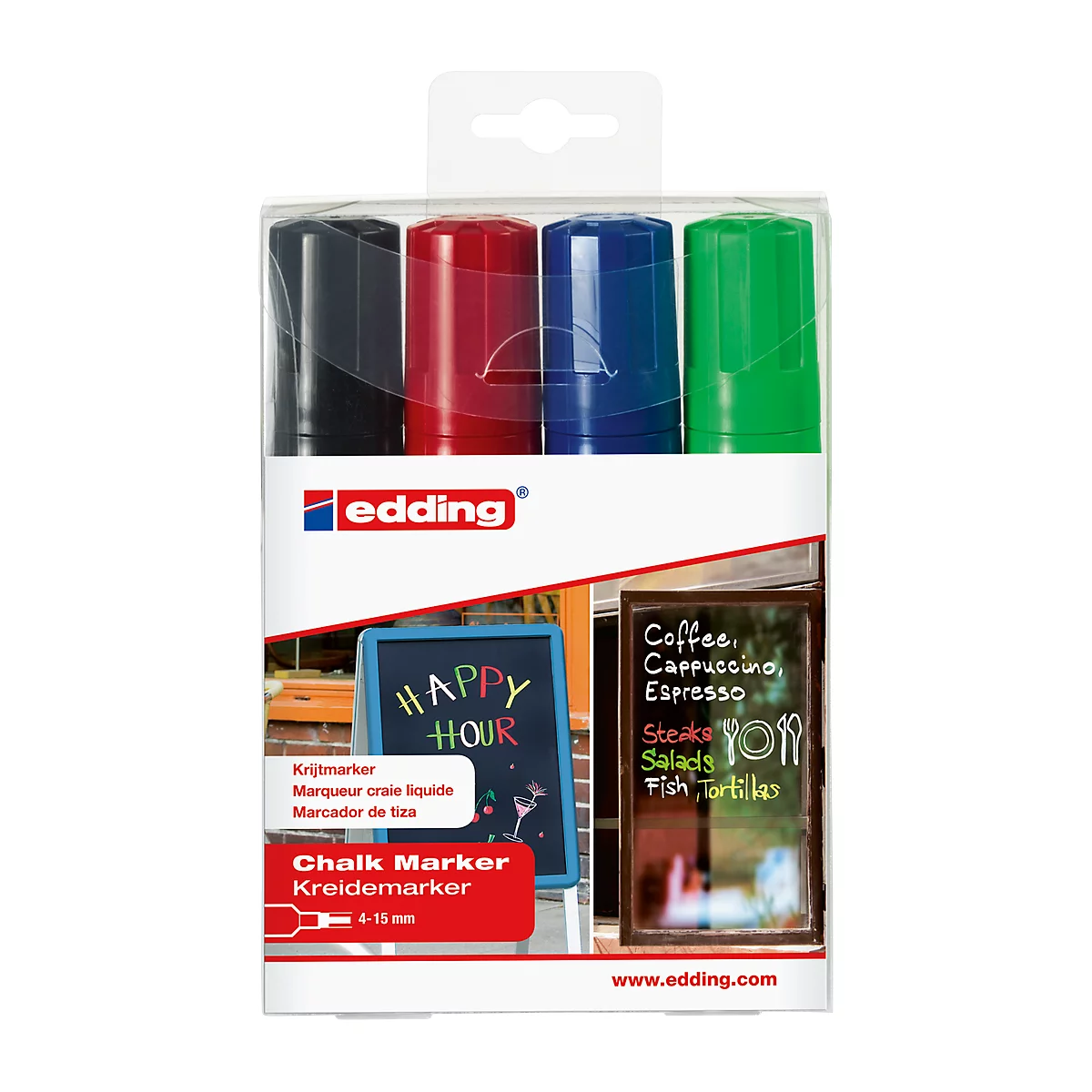 Marqueurs craies 4090 edding 4-15mm, 1 x noir, 1 x rouge, 1 x bleu, 1 x vert