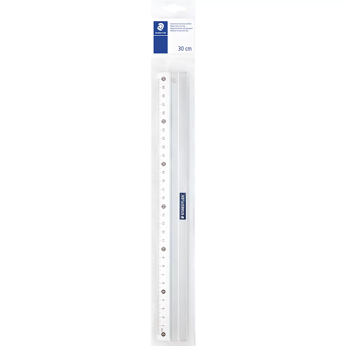 White plastic ruler with black markings, manufacturer Staedtler. Blue logo at the top and the words 30 cm.
