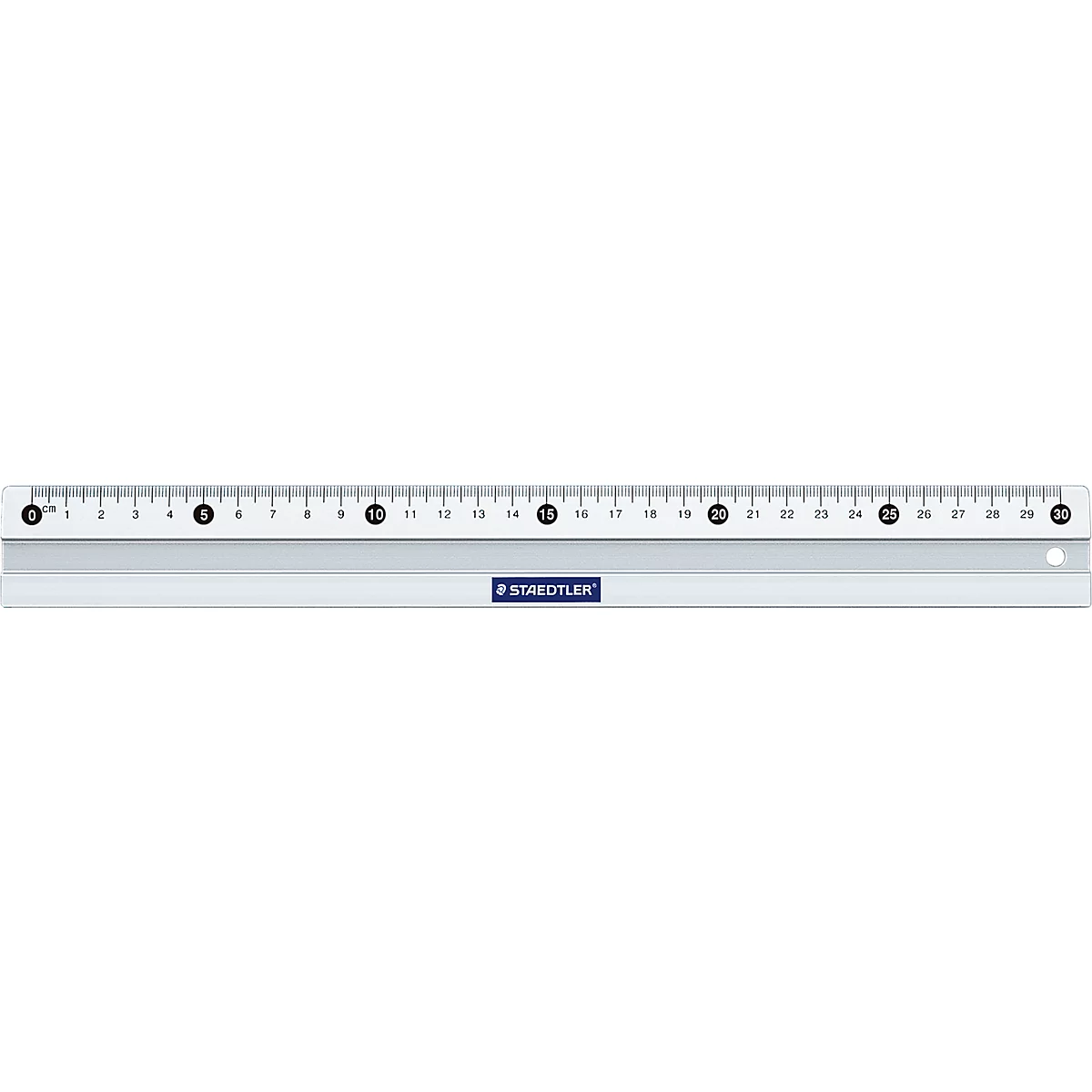 Ruler with white body, black numbers and markings. The Staedtler logo is visible.