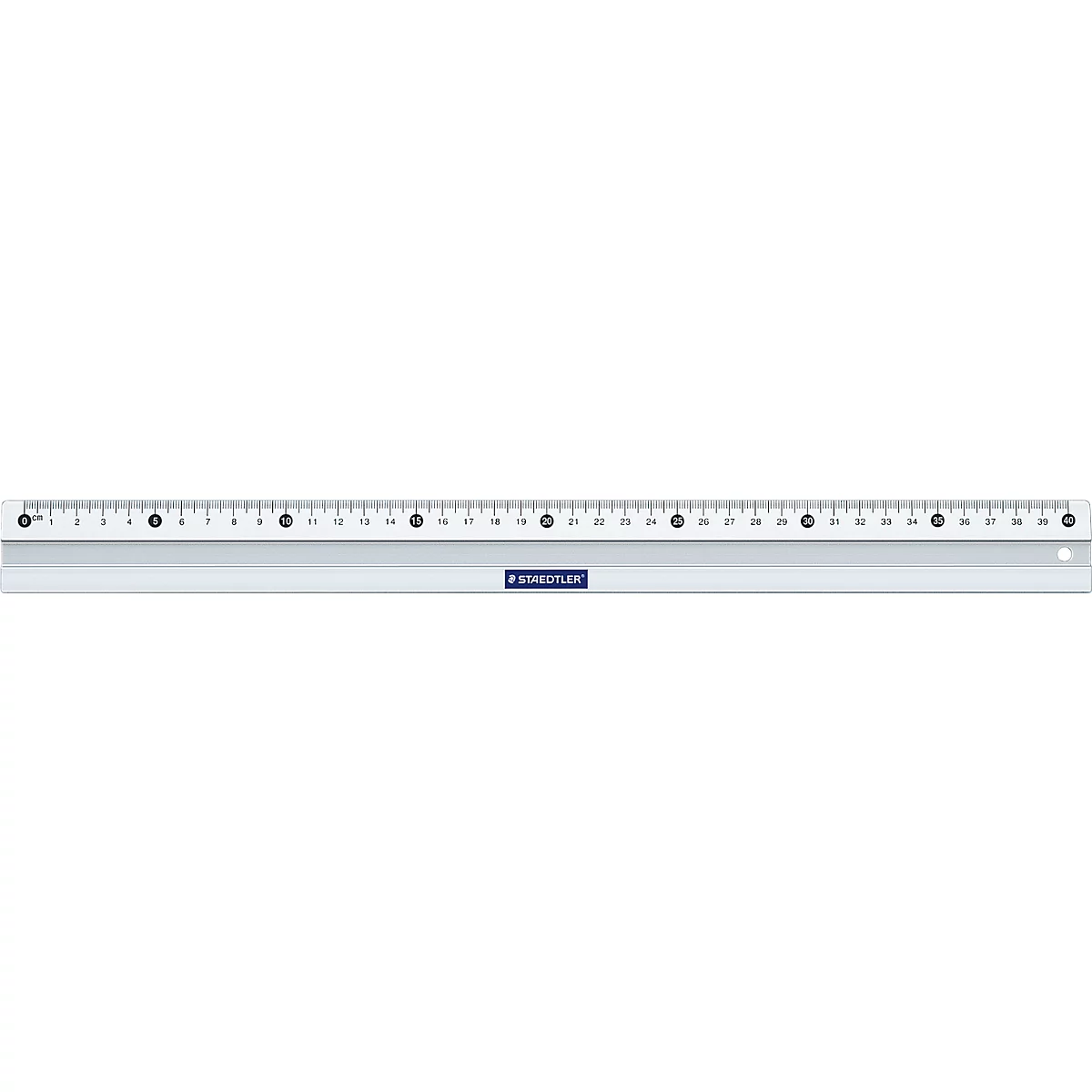 Ruler with black markings in centimeters. An inscription of "STAEDTLER" is attached to the bottom.
