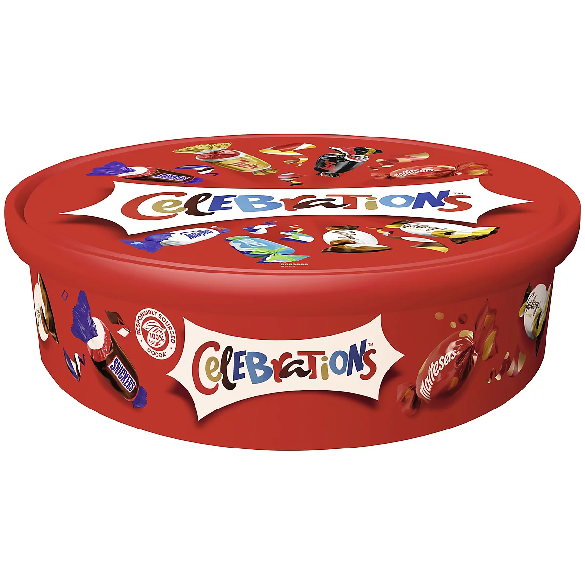 Runde, rote Celebrations-Schokodose mit buntem Logo und Abbildungen verschiedener Schokoriegel.