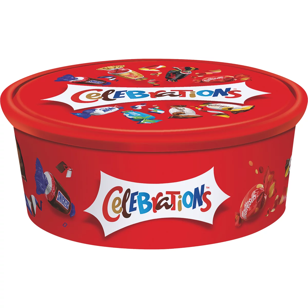 Rote, runde Celebrations-Geschenkdose mit Logo und Schokoladenabbildungen vor neutralem Hintergrund.