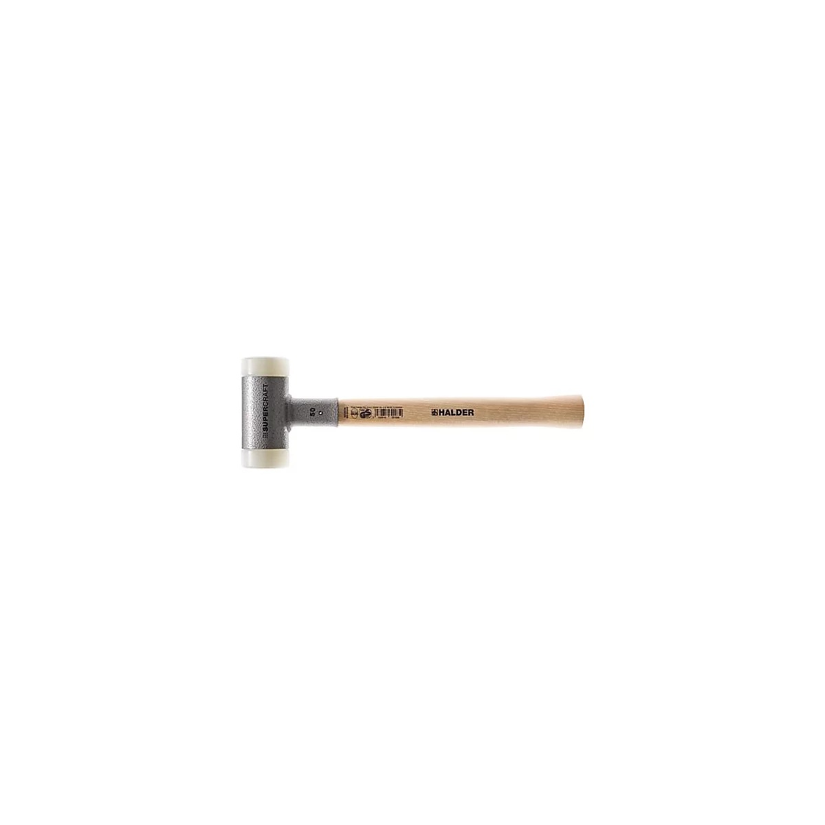 Un maillet blanc et gris avec un manche en bois. "SUPERCRAFT" est écrit sur la tête du maillet. Le manche porte l'inscription "HALDER".