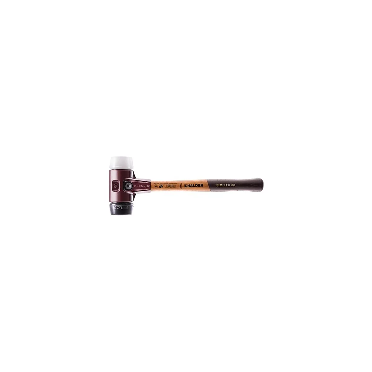Un marteau Simplex rouge et noir. La tête du marteau a un côté blanc et un côté noir, le manche est en bois.
