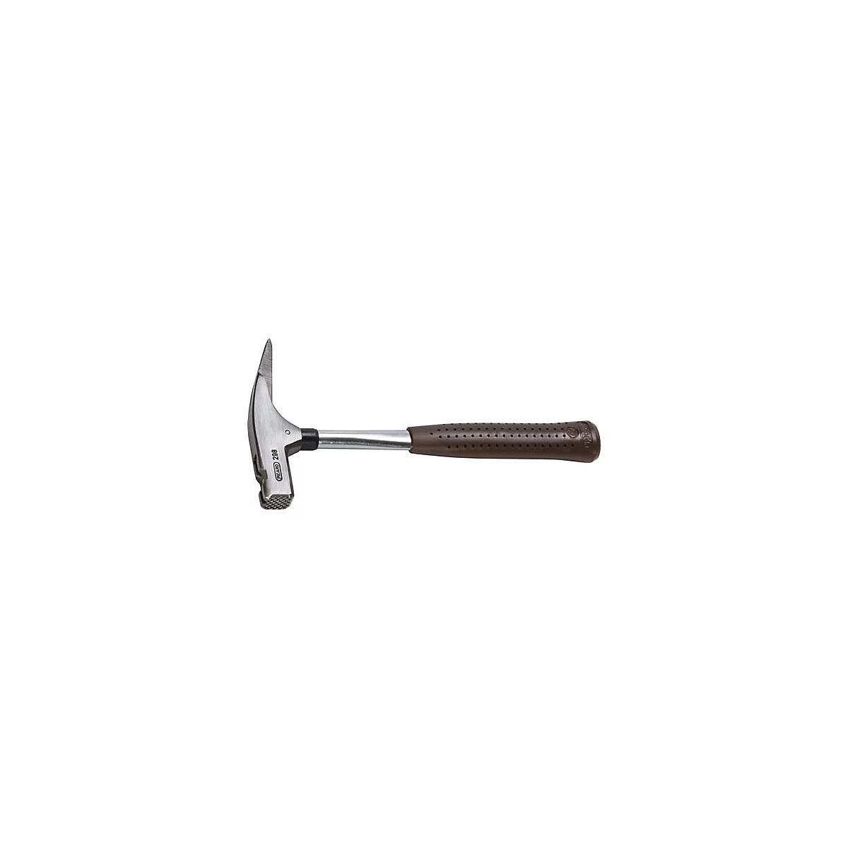 Un marteau de géologue argent et noir avec une poignée marron. "PICARD 298" est écrit sur la tête.