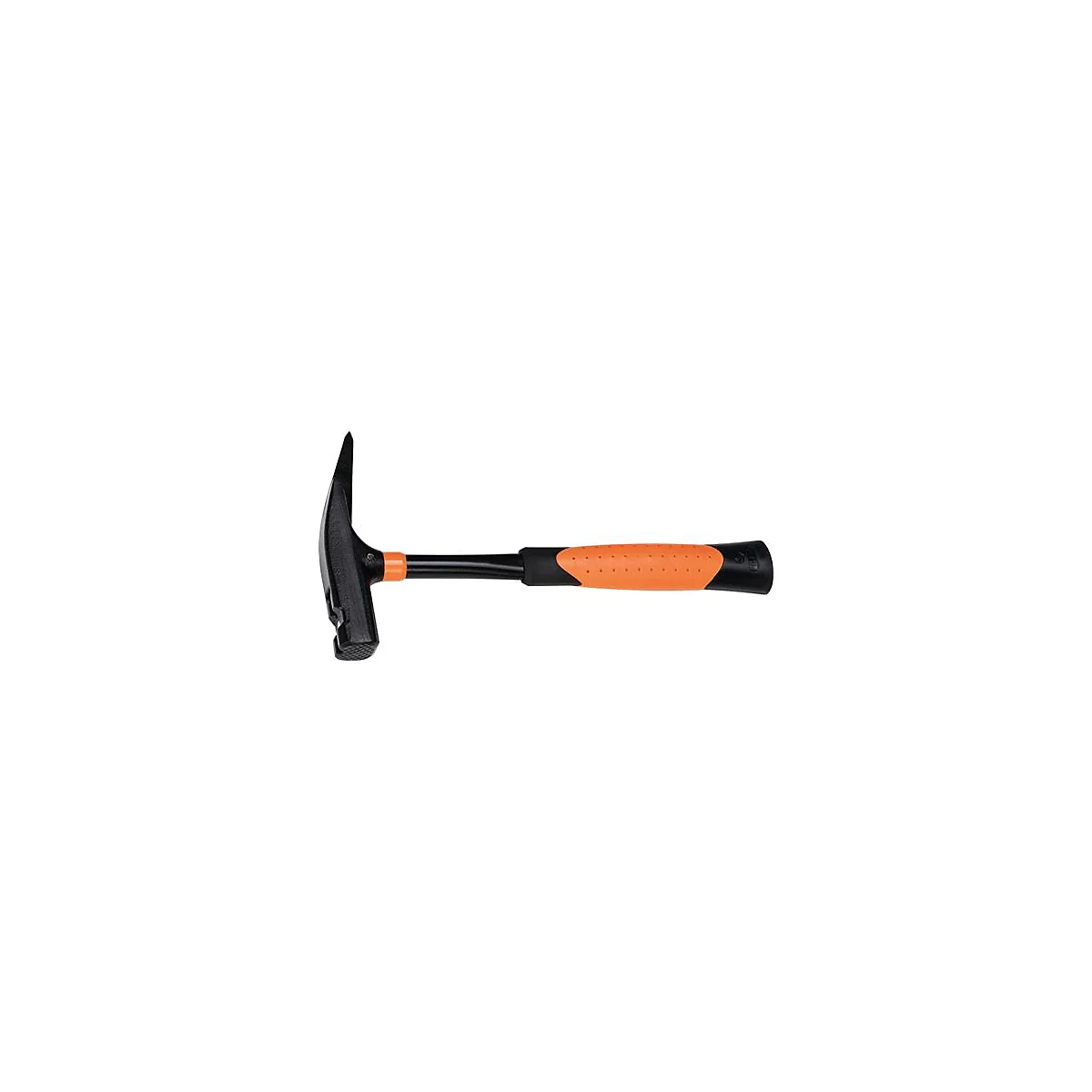 Un marteau noir avec une poignée orange. La tête du marteau a un côté pointu et un côté plat pour frapper.