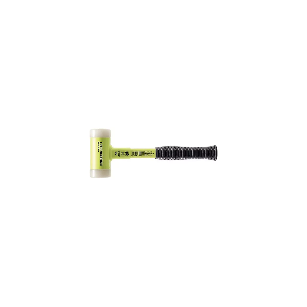 Marteau Supercraft jaune avec manche noir et faces de frappe blanches, portant les mots "HALDER SUPERCRRAFT".