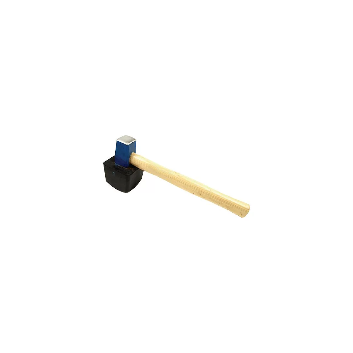 Un maillet en caoutchouc bleu et noir avec un manche en bois, sur fond blanc.