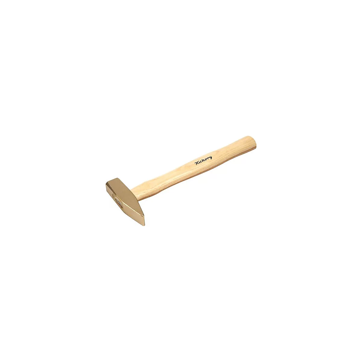 Un marteau avec un manche en bois et une tête en laiton. Le mot Hickory est sur le manche.