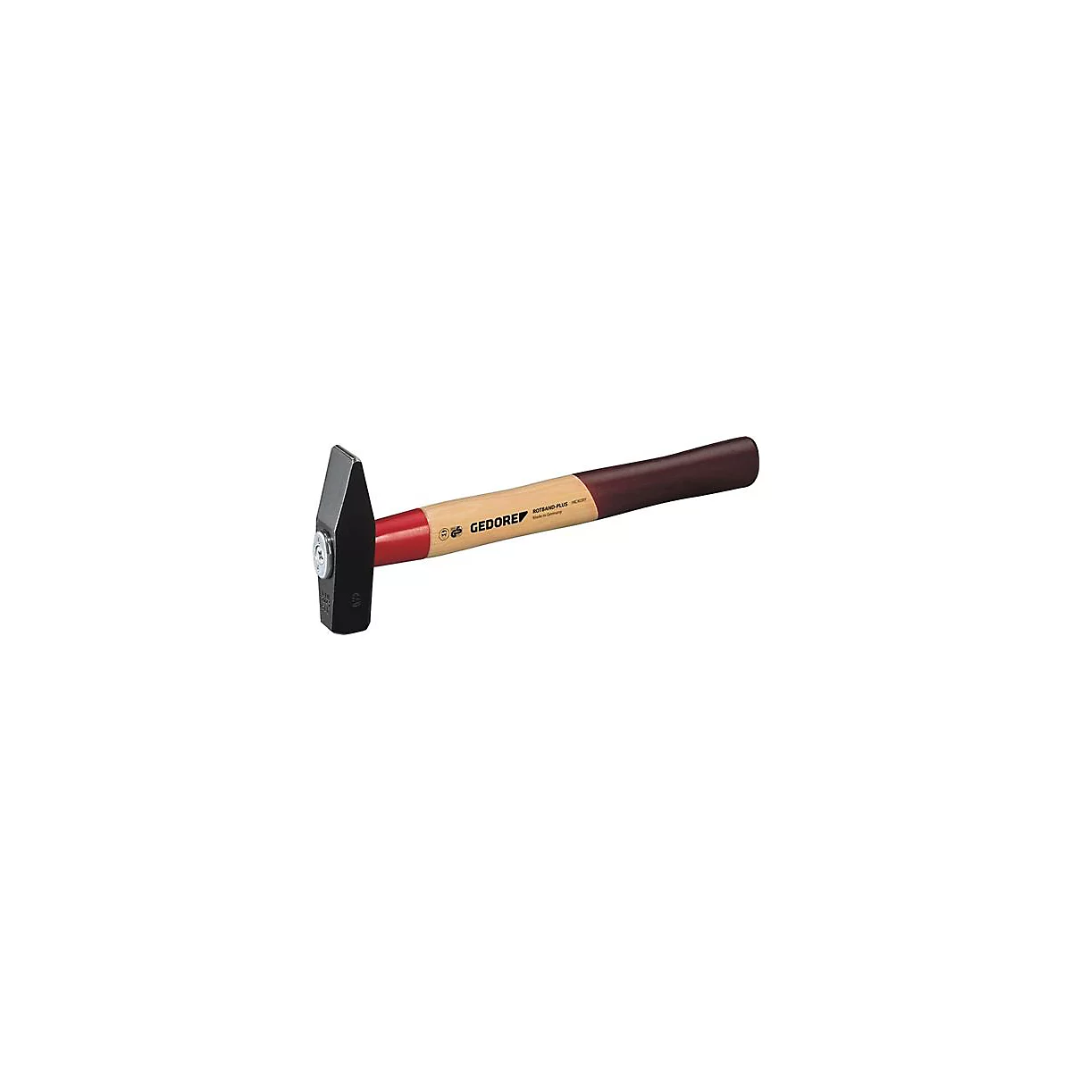 Un marteau avec une tête noire et un manche en bois, marque GEDORE. Le manche est en partie rouge et marron foncé.