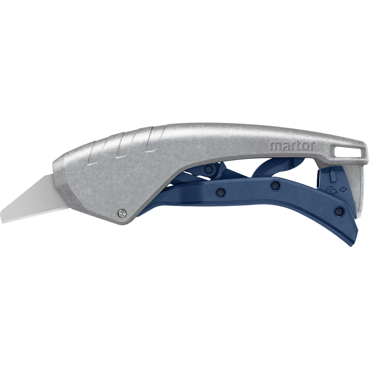 Martor 610 XDR veiligheidsmes, 3-in-1 hendel, automatische terugtrekking lemmet, metaal detecteerbaar, L 158 x B 27 x H 76 mm, staal/aluminium/kunststof, blauw