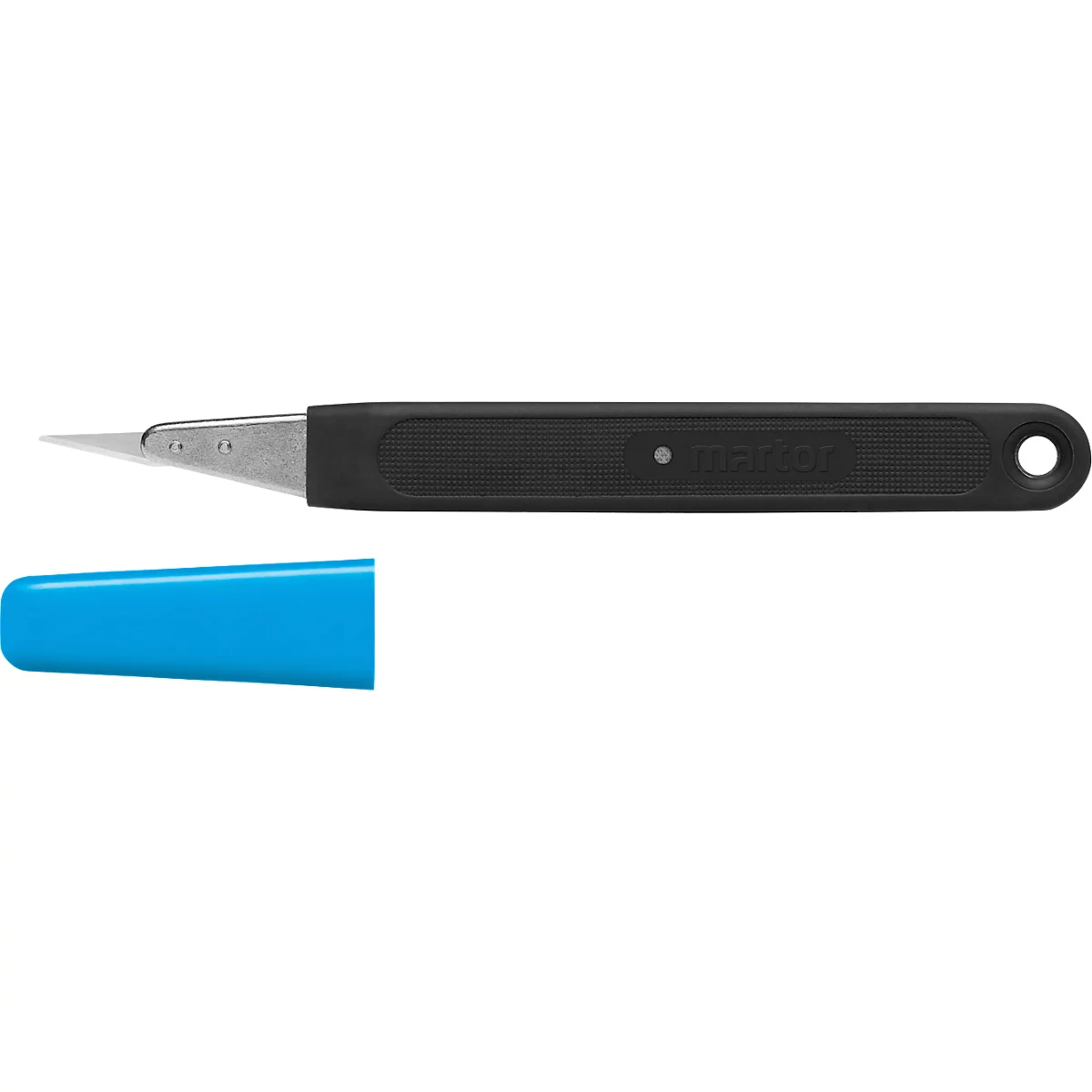 Ein schwarzes Skalpell mit silberner Klinge und blauem Griff. Am Ende des Griffs befindet sich ein Loch.