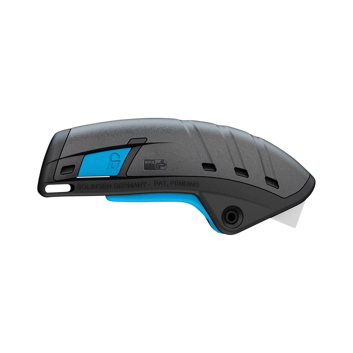 Ein schwarzes, blau akzentuiertes Cutter-Messer. Aufschrift: Solingen Germany.