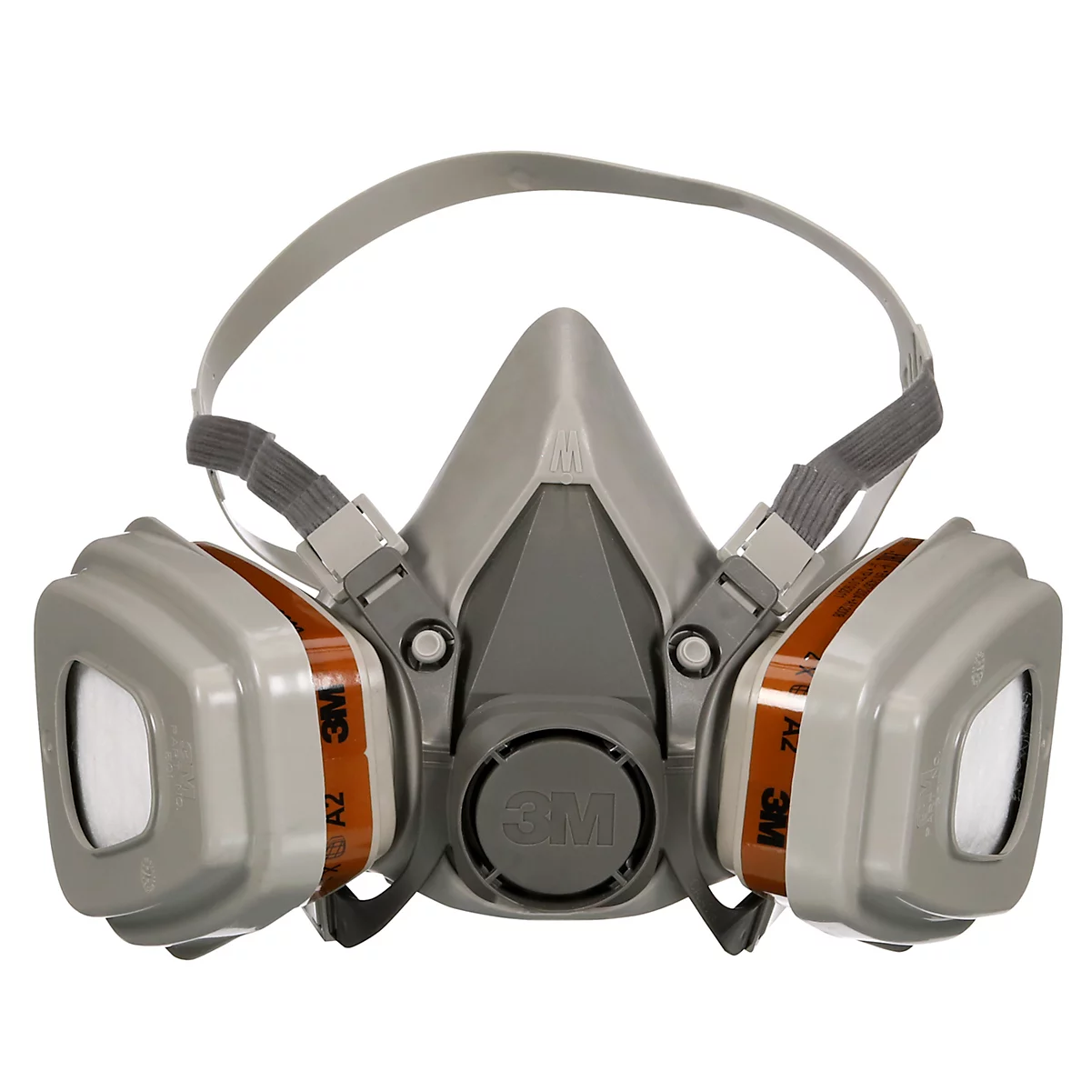 Respirateur 3M sur l'emballage. Masque gris, détails orange. Texte: Respirateur.