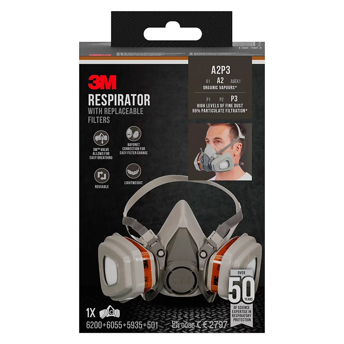 Respirateur avec filtres, emballage 3M avec image du produit et spécifications.
