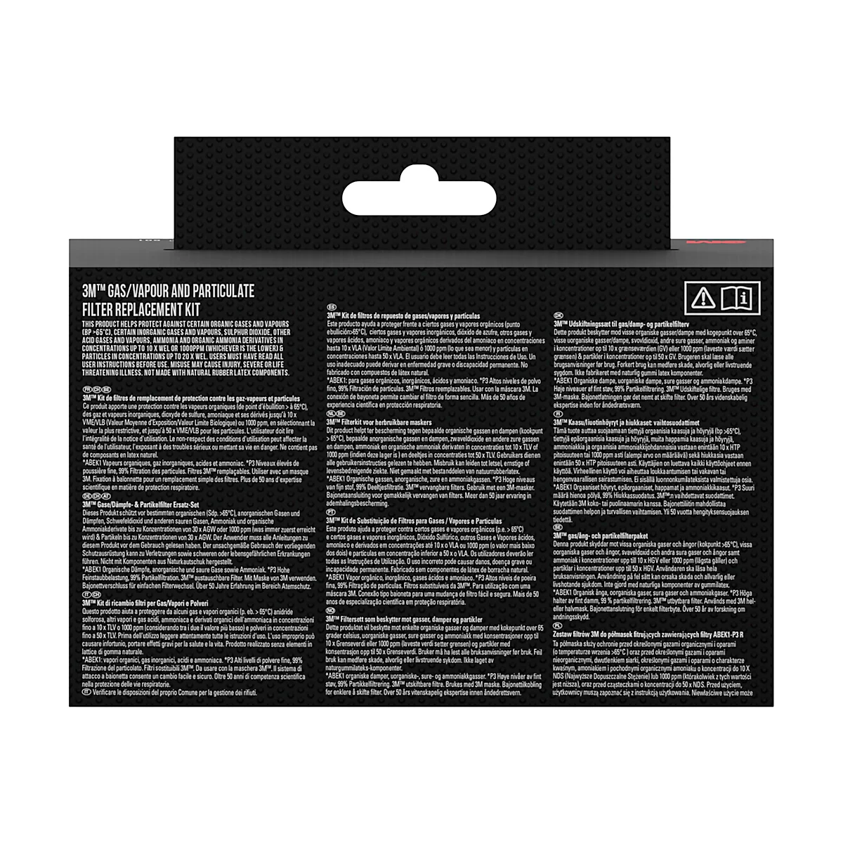 Emballage du produit avec un masque respiratoire 3M. Le masque est gris, avec des filtres orange et un bandeau noir.