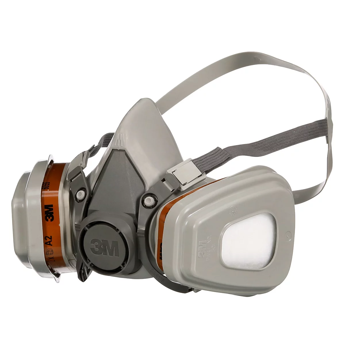 Masque respiratoire gris avec filtres et sangles. Le logo 3M est clairement visible.