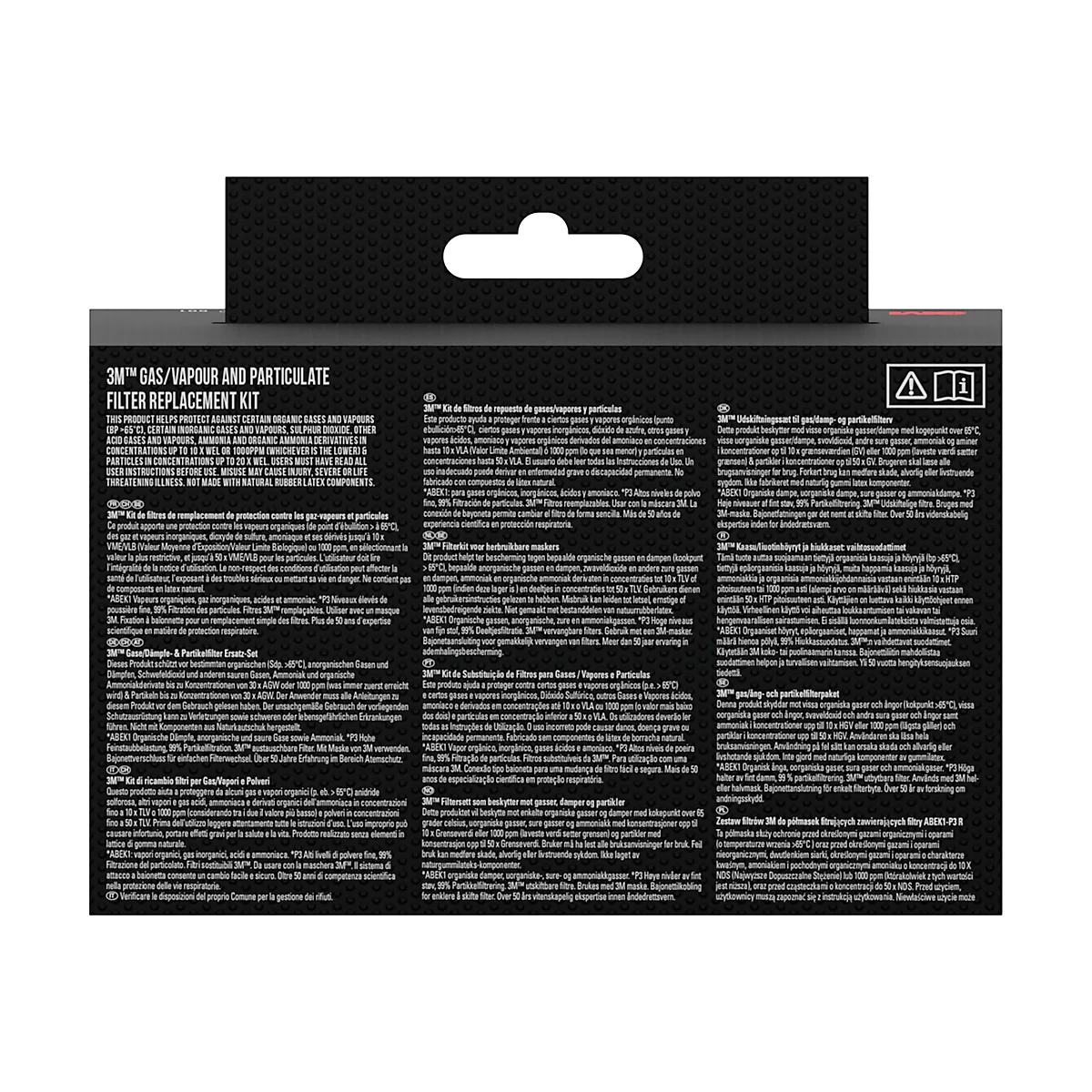 Emballage du produit avec un masque respiratoire 3M. Le masque est gris, avec des filtres orange et un bandeau noir.