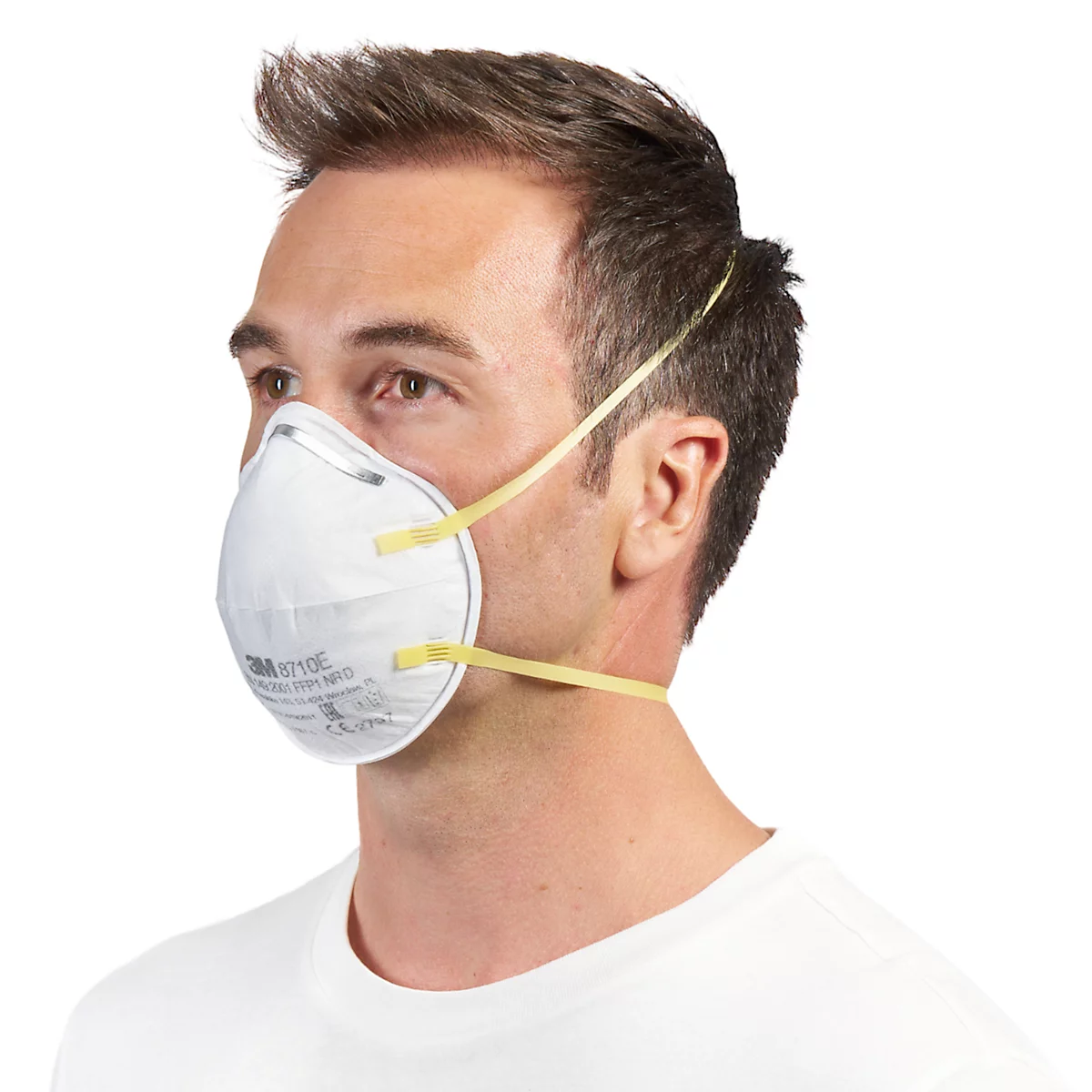 Masque de protection respiratoire 3M 8710E, à usage unique, type masque à particules FFP1, EN 149:2001 + A1:2009, sans valve, polypropylène, blanc, 3 pièces